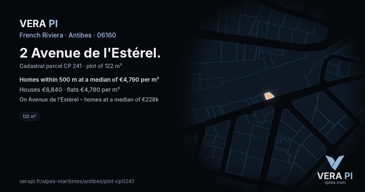 2 Avenue de l'Estérel, Antibes at night – the plot lit, the parcels around coloured by the prices near them