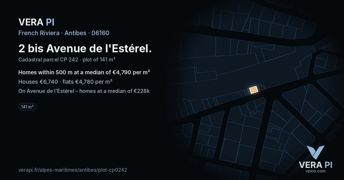 2 bis Avenue de l'Estérel, Antibes at night – the plot lit, the parcels around coloured by the prices near them