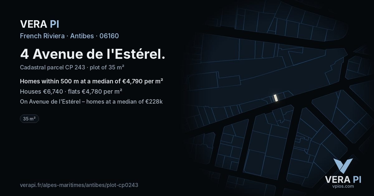 4 Avenue de l'Estérel, Antibes at night – the plot lit, the parcels around coloured by the prices near them