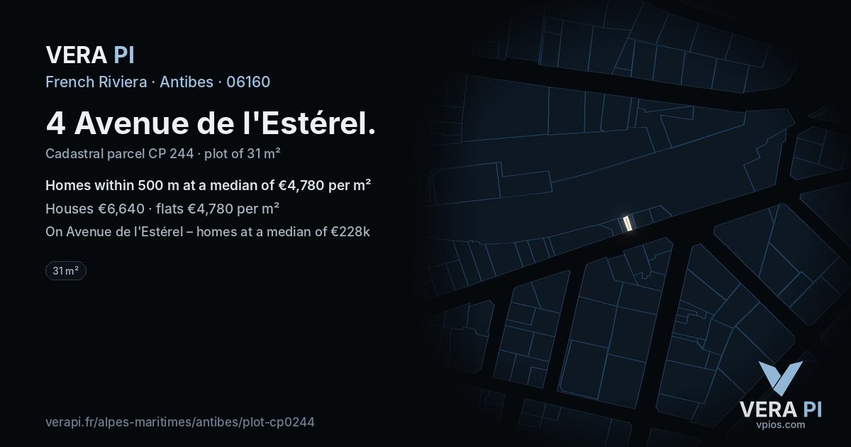 4 Avenue de l'Estérel, Antibes at night – the plot lit, the parcels around coloured by the prices near them