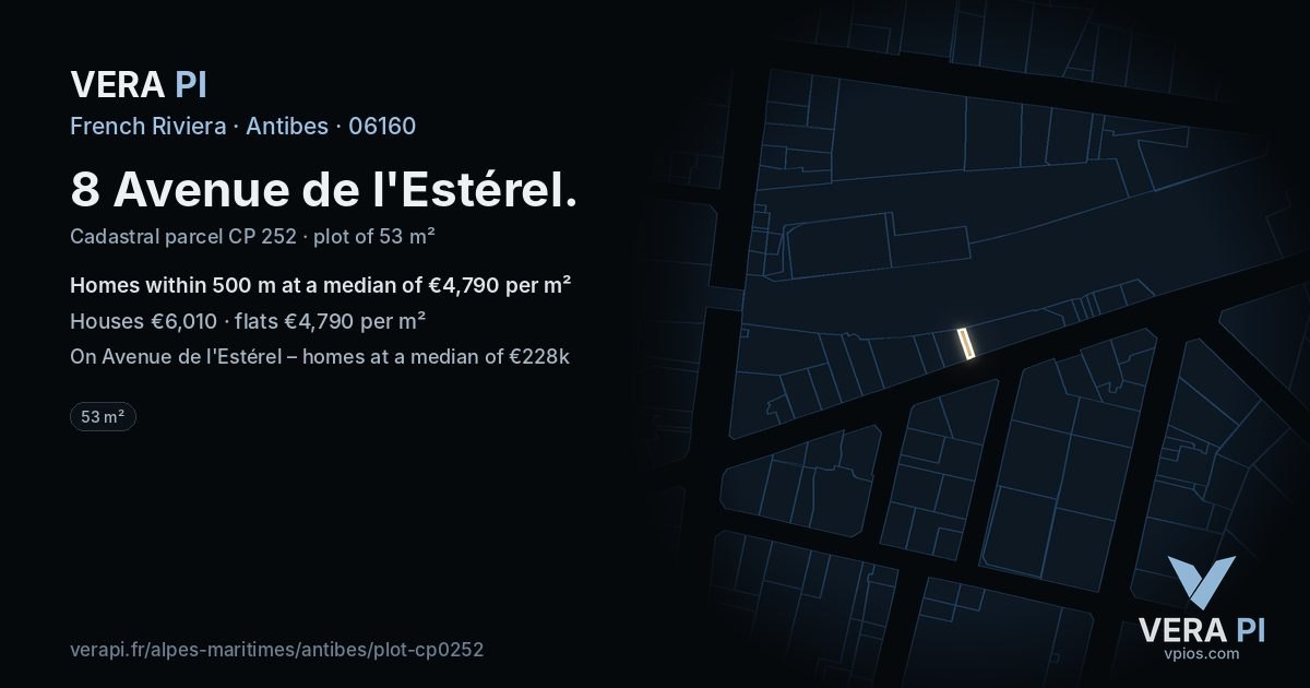 8 Avenue de l'Estérel, Antibes at night – the plot lit, the parcels around coloured by the prices near them