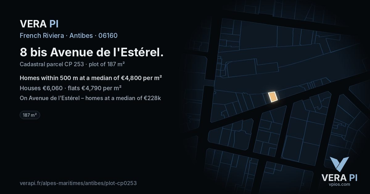 8 bis Avenue de l'Estérel, Antibes at night – the plot lit, the parcels around coloured by the prices near them