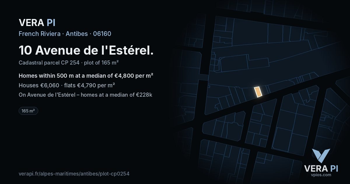 10 Avenue de l'Estérel, Antibes at night – the plot lit, the parcels around coloured by the prices near them