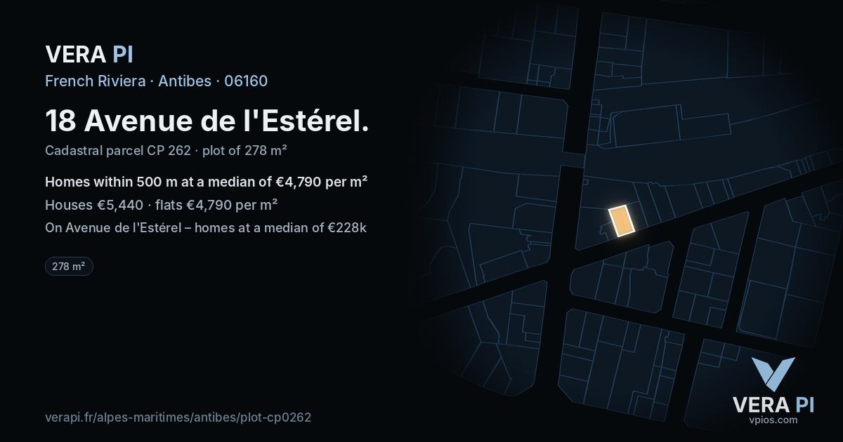 18 Avenue de l'Estérel, Antibes at night – the plot lit, the parcels around coloured by the prices near them