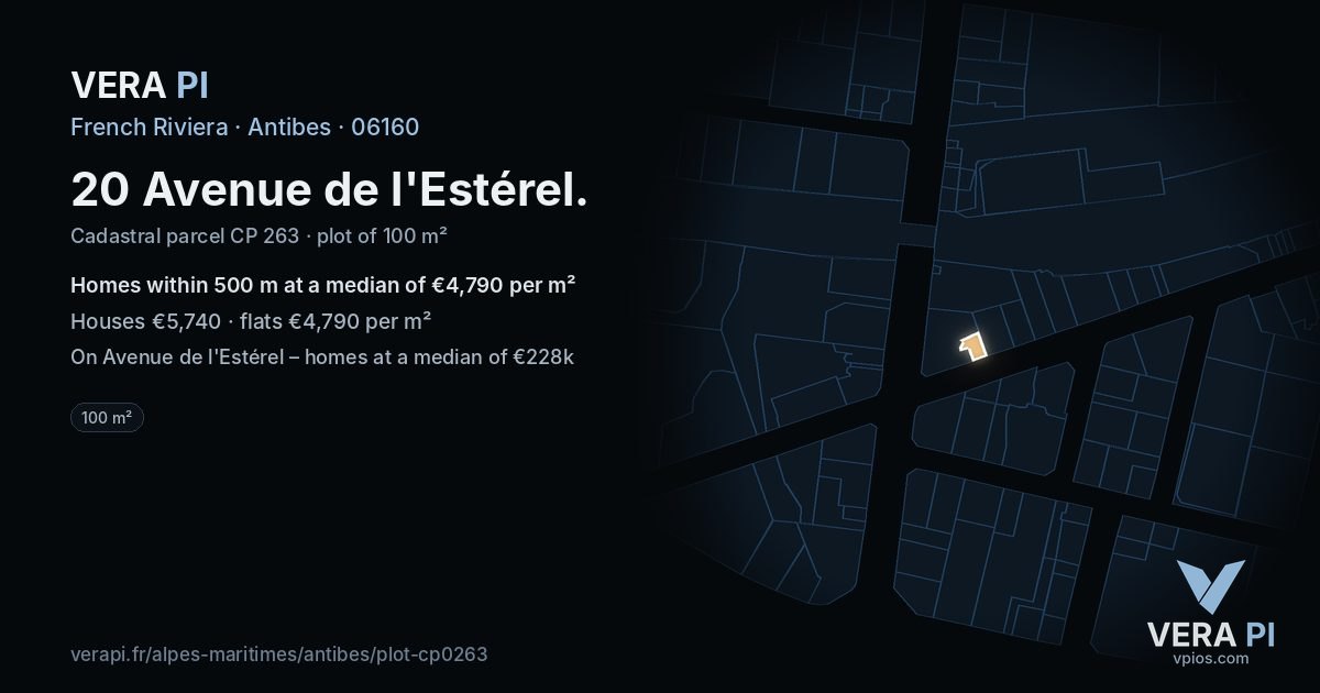 20 Avenue de l'Estérel, Antibes at night – the plot lit, the parcels around coloured by the prices near them