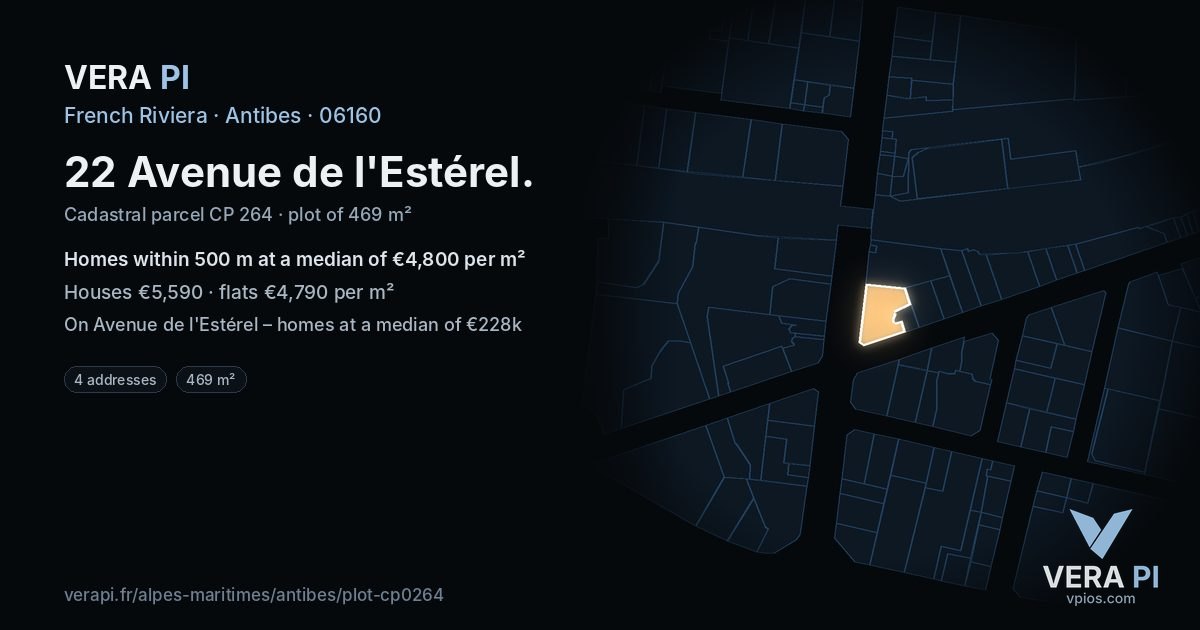 22 Avenue de l'Estérel, Antibes at night – the plot lit, the parcels around coloured by the prices near them