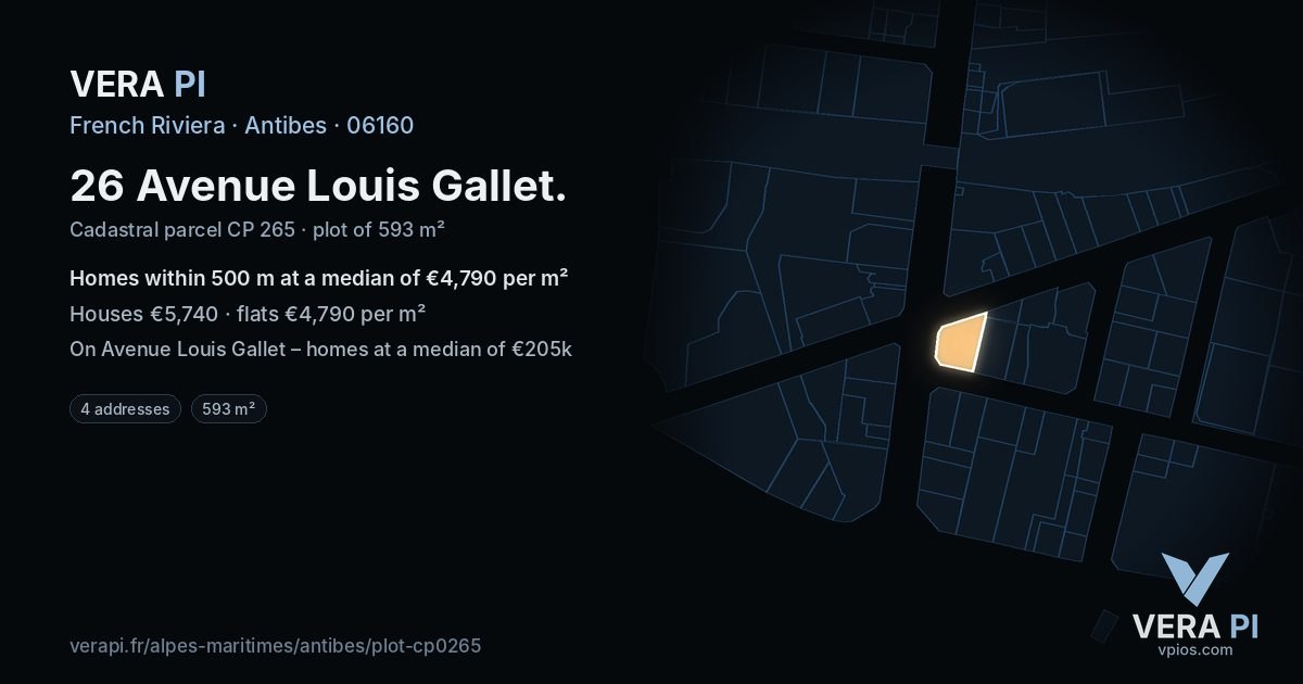 26 Avenue Louis Gallet, Antibes at night – the plot lit, the parcels around coloured by the prices near them