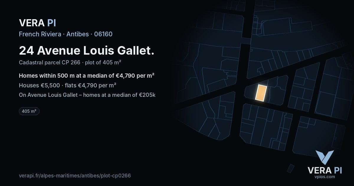 24 Avenue Louis Gallet, Antibes at night – the plot lit, the parcels around coloured by the prices near them
