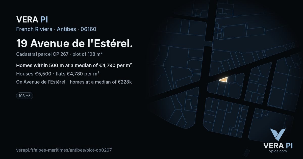 19 Avenue de l'Estérel, Antibes at night – the plot lit, the parcels around coloured by the prices near them