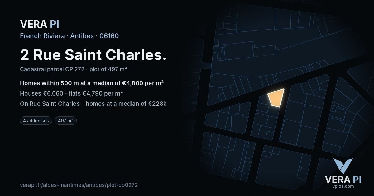 2 Rue Saint Charles, Antibes at night – the plot lit, the parcels around coloured by the prices near them
