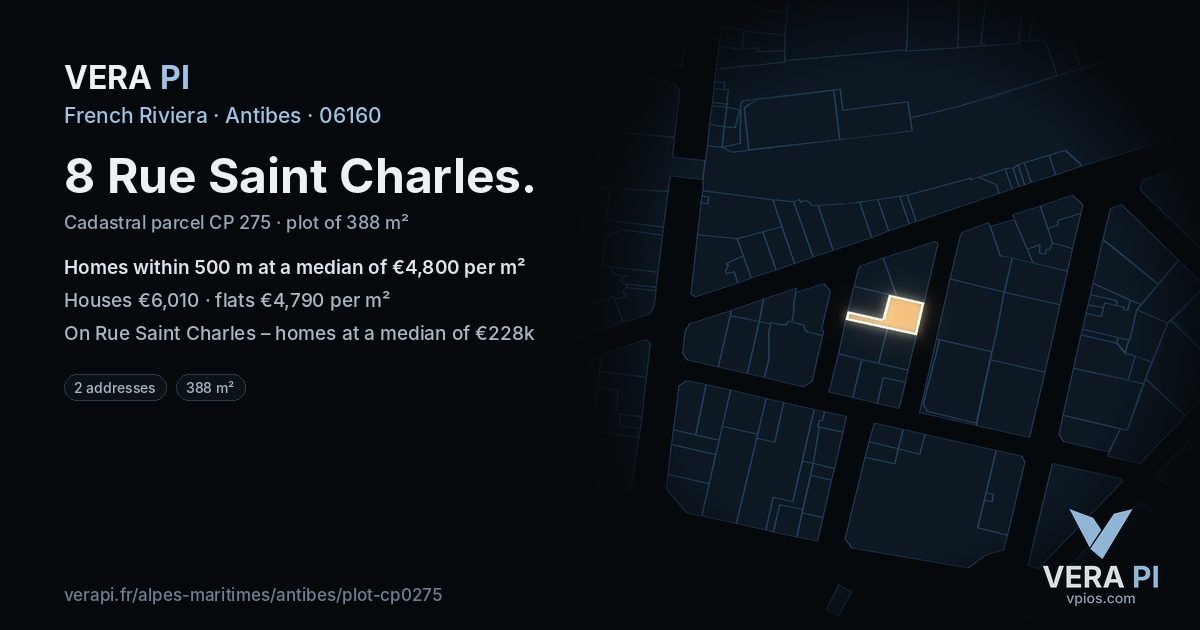 8 Rue Saint Charles, Antibes at night – the plot lit, the parcels around coloured by the prices near them