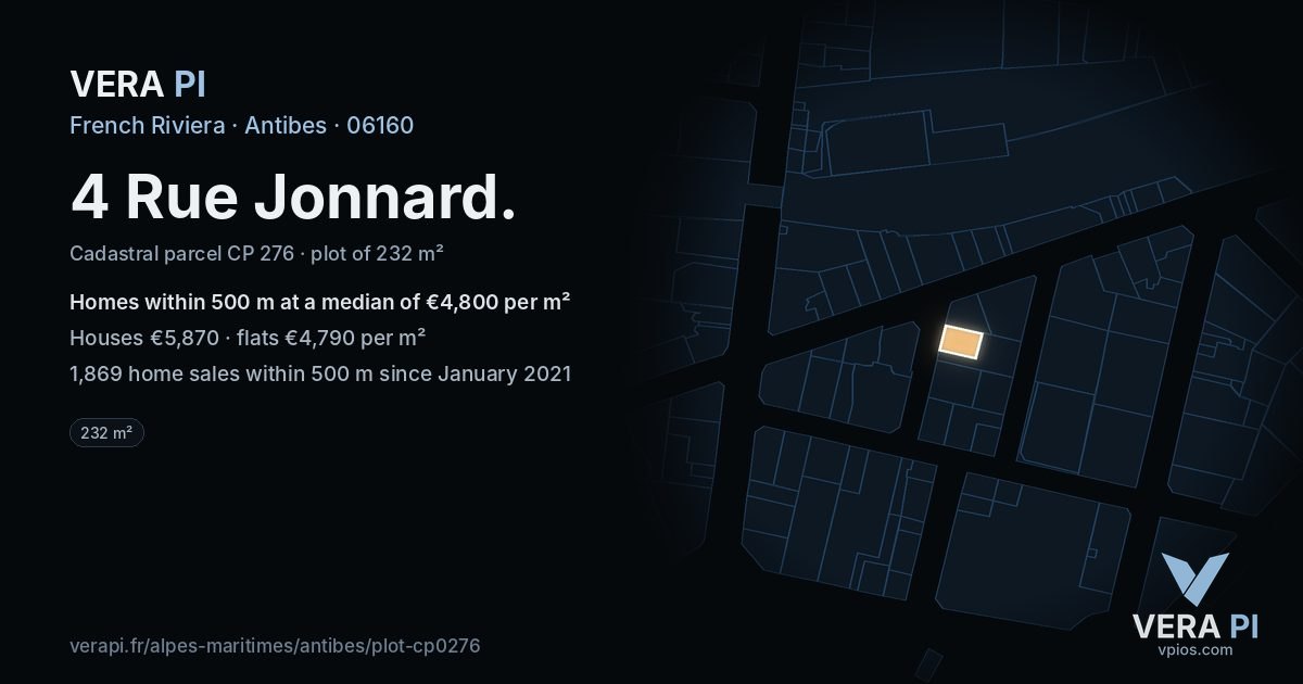 4 Rue Jonnard, Antibes at night – the plot lit, the parcels around coloured by the prices near them