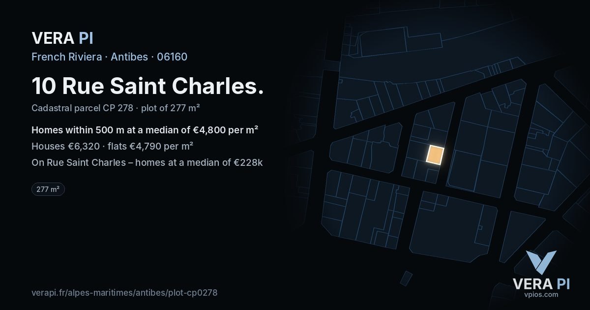 10 Rue Saint Charles, Antibes at night – the plot lit, the parcels around coloured by the prices near them