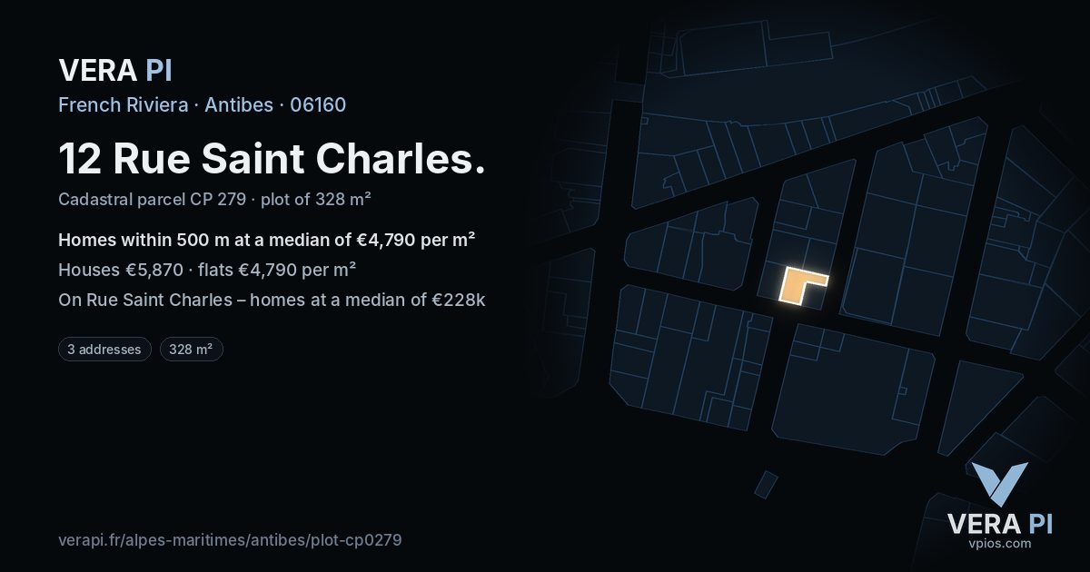 12 Rue Saint Charles, Antibes at night – the plot lit, the parcels around coloured by the prices near them
