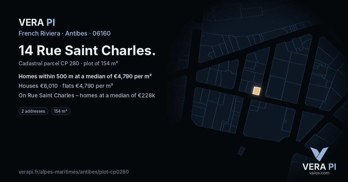 14 Rue Saint Charles, Antibes at night – the plot lit, the parcels around coloured by the prices near them