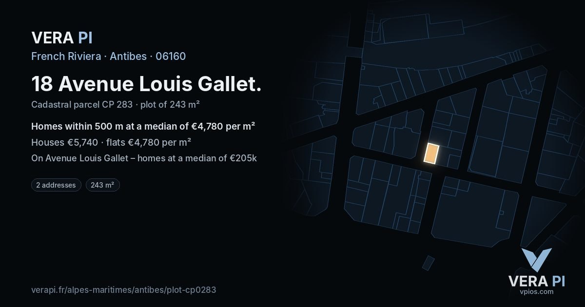 18 Avenue Louis Gallet, Antibes at night – the plot lit, the parcels around coloured by the prices near them