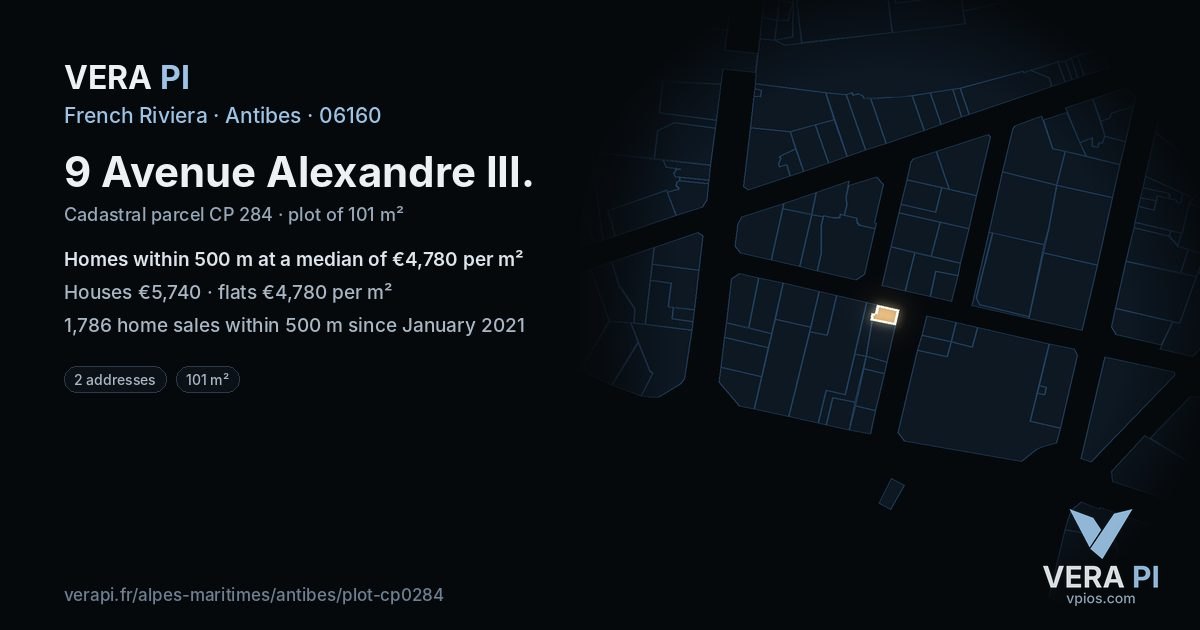 9 Avenue Alexandre III, Antibes at night – the plot lit, the parcels around coloured by the prices near them