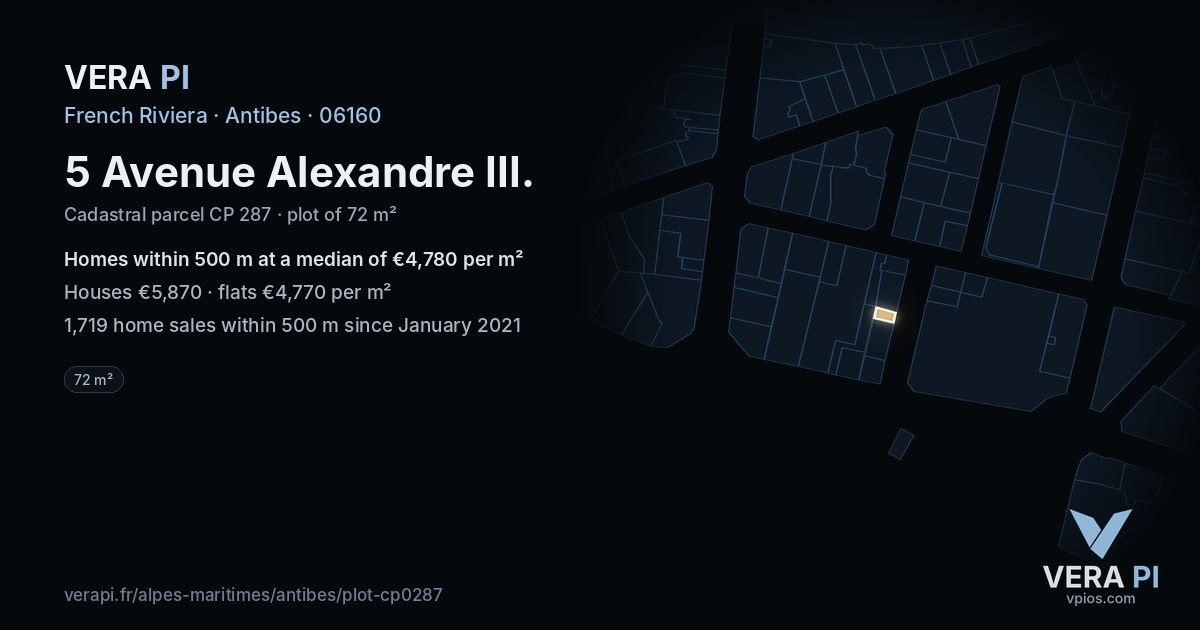5 Avenue Alexandre III, Antibes at night – the plot lit, the parcels around coloured by the prices near them