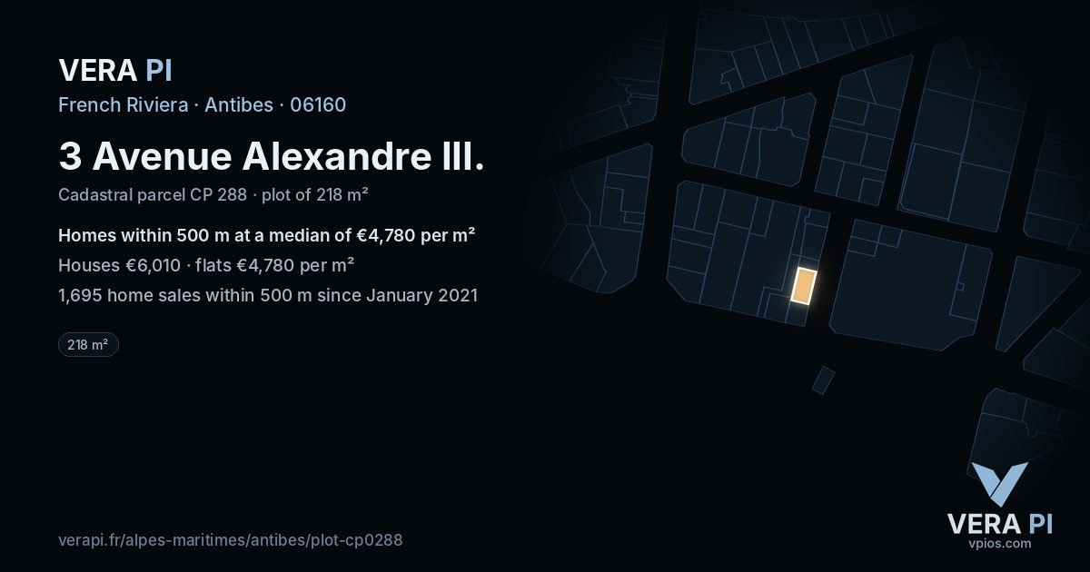 3 Avenue Alexandre III, Antibes at night – the plot lit, the parcels around coloured by the prices near them