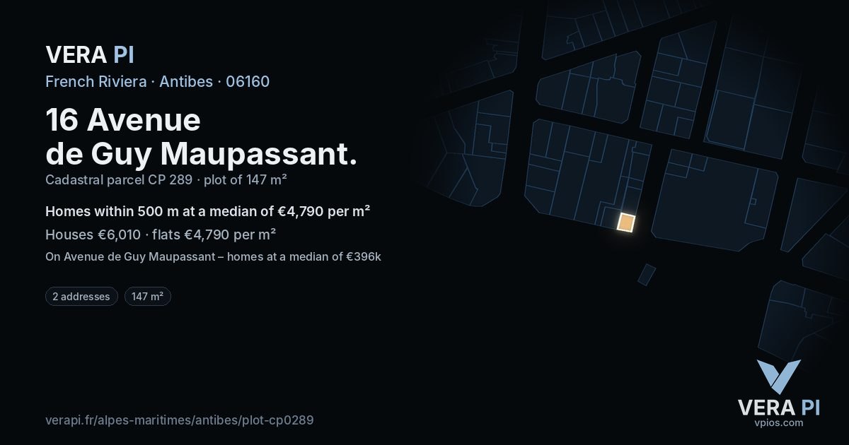 16 Avenue de Guy Maupassant, Antibes at night – the plot lit, the parcels around coloured by the prices near them