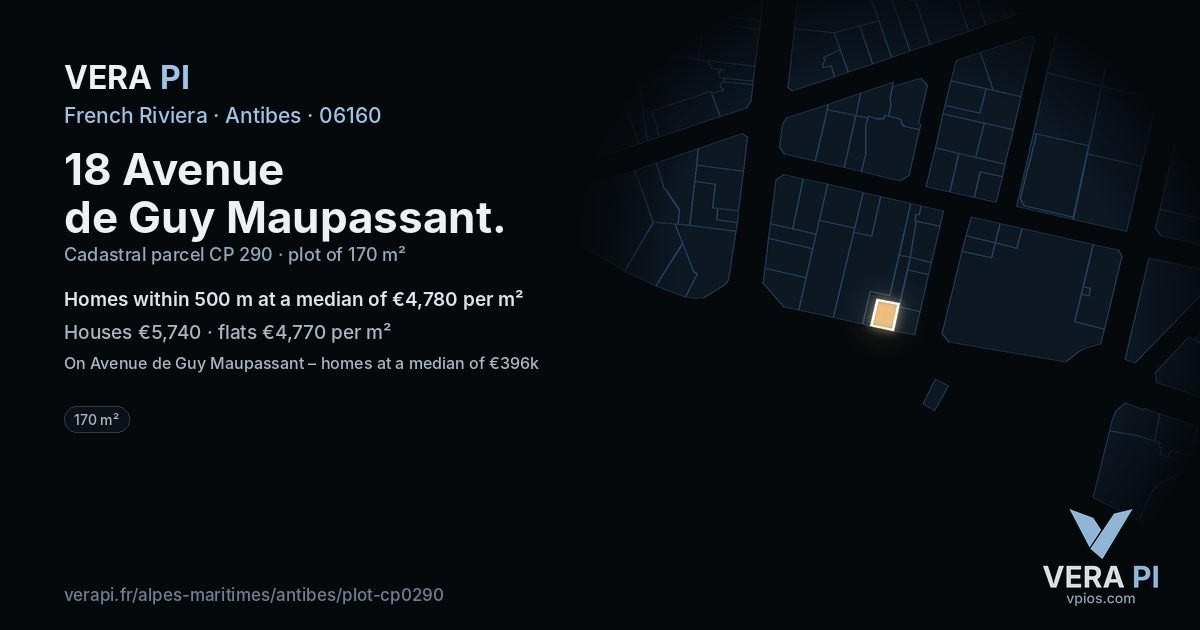 18 Avenue de Guy Maupassant, Antibes at night – the plot lit, the parcels around coloured by the prices near them