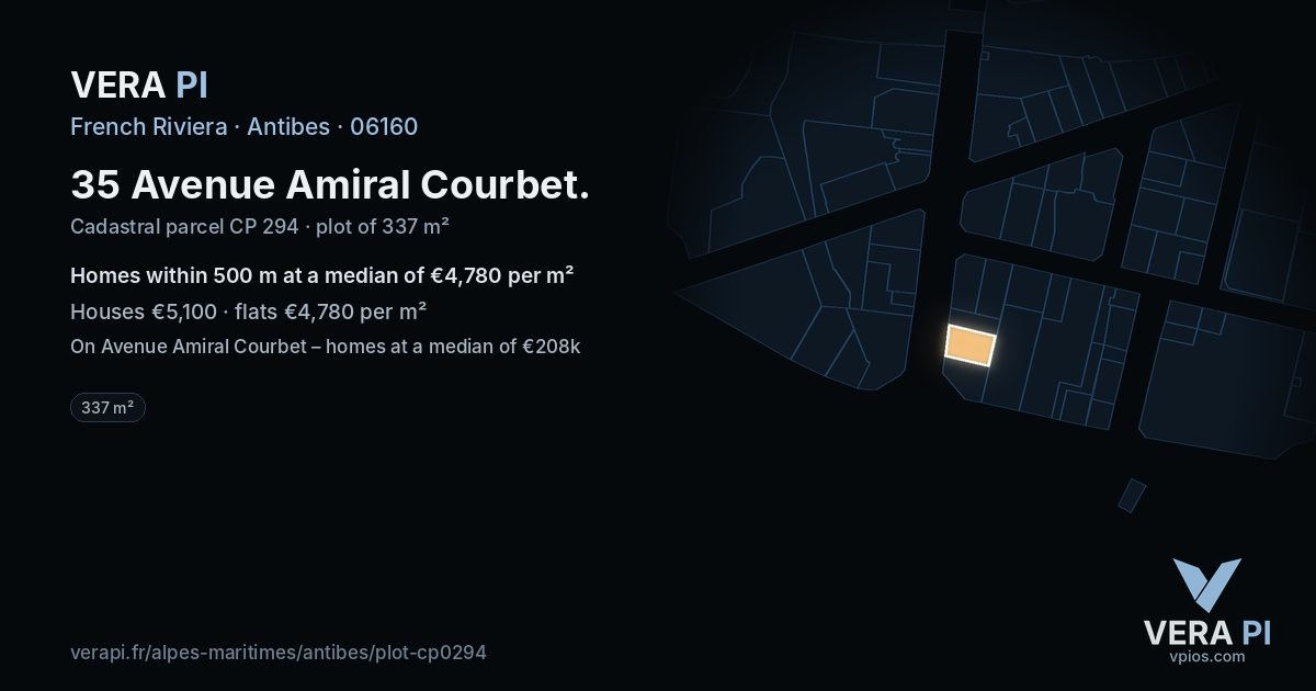 35 Avenue Amiral Courbet, Antibes at night – the plot lit, the parcels around coloured by the prices near them