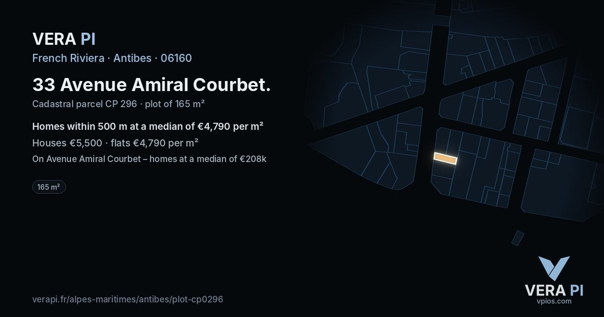 33 Avenue Amiral Courbet, Antibes at night – the plot lit, the parcels around coloured by the prices near them