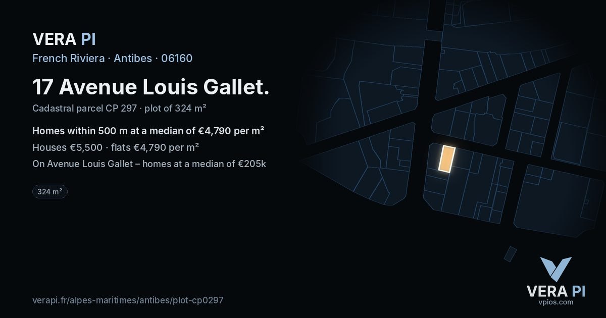 17 Avenue Louis Gallet, Antibes at night – the plot lit, the parcels around coloured by the prices near them