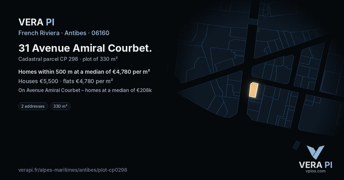 31 Avenue Amiral Courbet, Antibes at night – the plot lit, the parcels around coloured by the prices near them