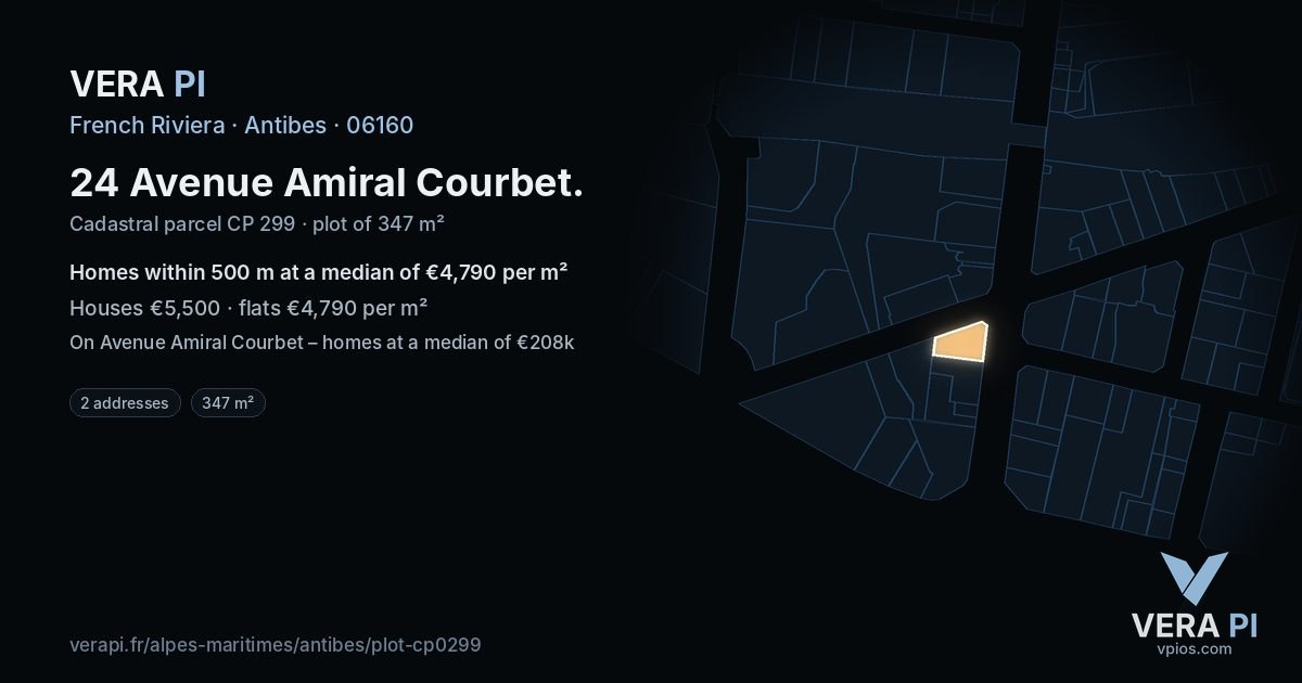 24 Avenue Amiral Courbet, Antibes at night – the plot lit, the parcels around coloured by the prices near them