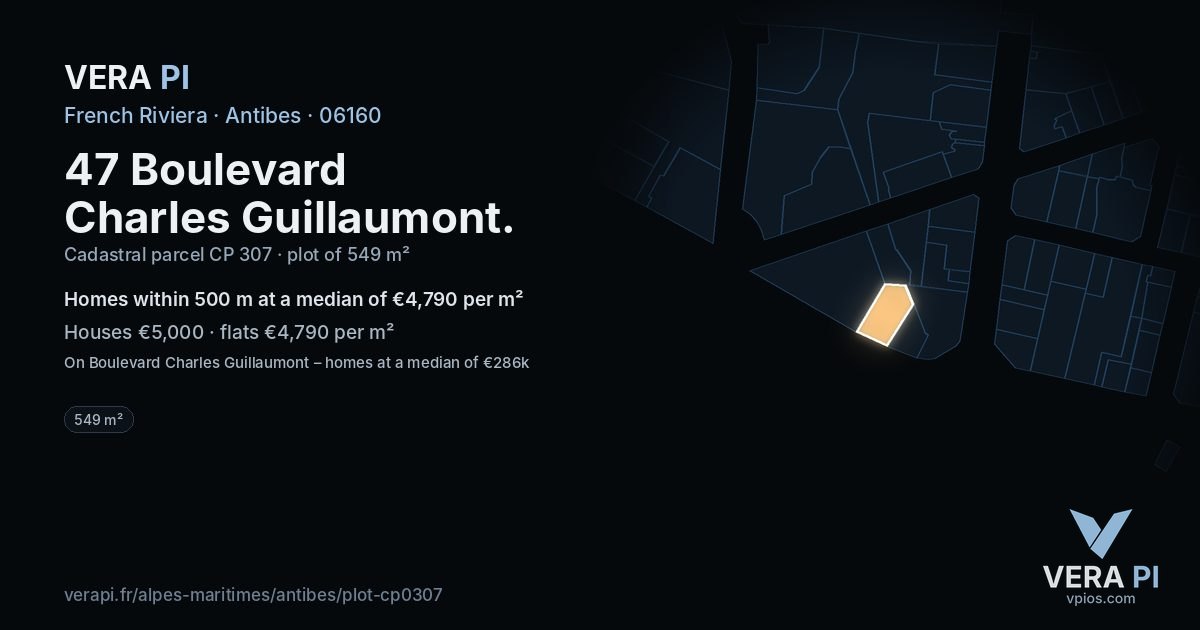 47 Boulevard Charles Guillaumont, Antibes at night – the plot lit, the parcels around coloured by the prices near them