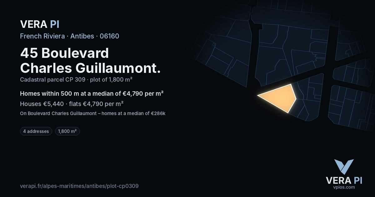 45 Boulevard Charles Guillaumont, Antibes at night – the plot lit, the parcels around coloured by the prices near them