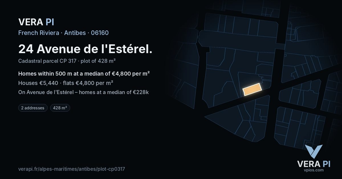 24 Avenue de l'Estérel, Antibes at night – the plot lit, the parcels around coloured by the prices near them