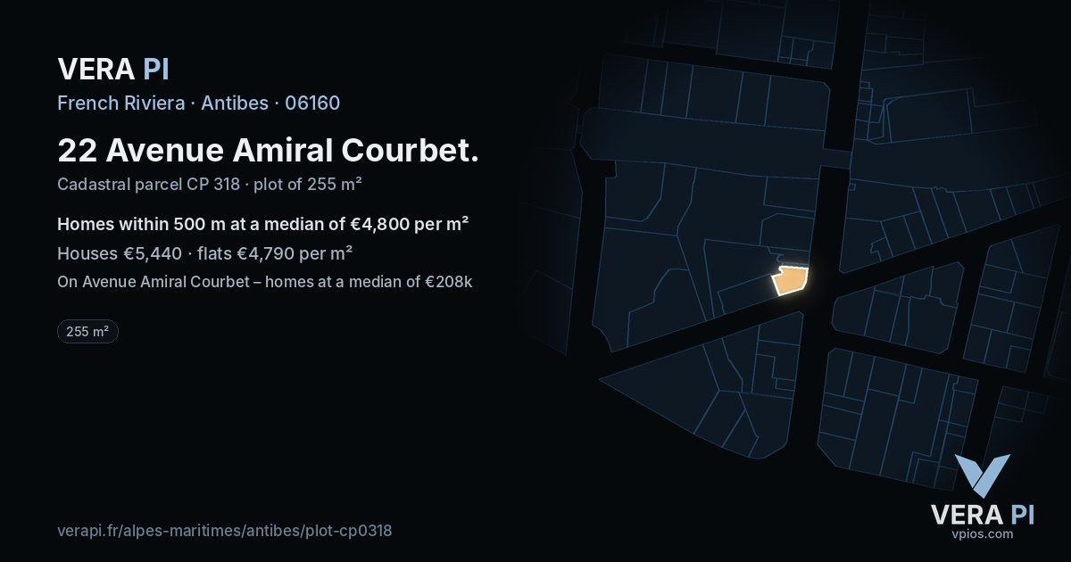 22 Avenue Amiral Courbet, Antibes at night – the plot lit, the parcels around coloured by the prices near them