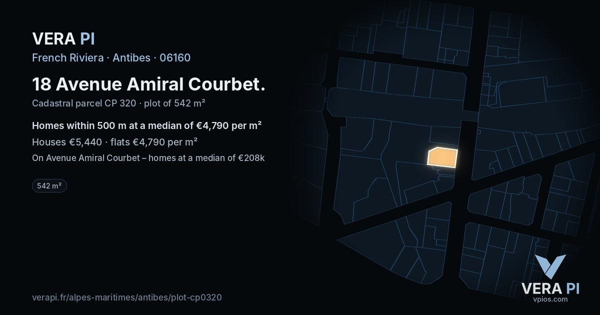 18 Avenue Amiral Courbet, Antibes at night – the plot lit, the parcels around coloured by the prices near them