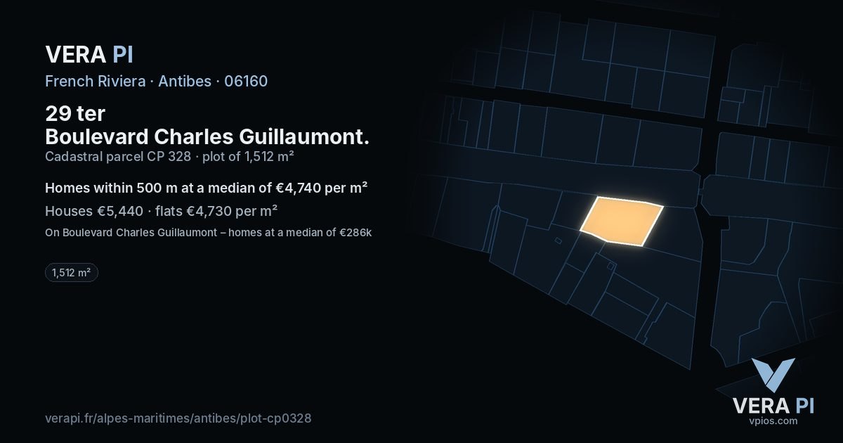 29 ter Boulevard Charles Guillaumont, Antibes at night – the plot lit, the parcels around coloured by the prices near them