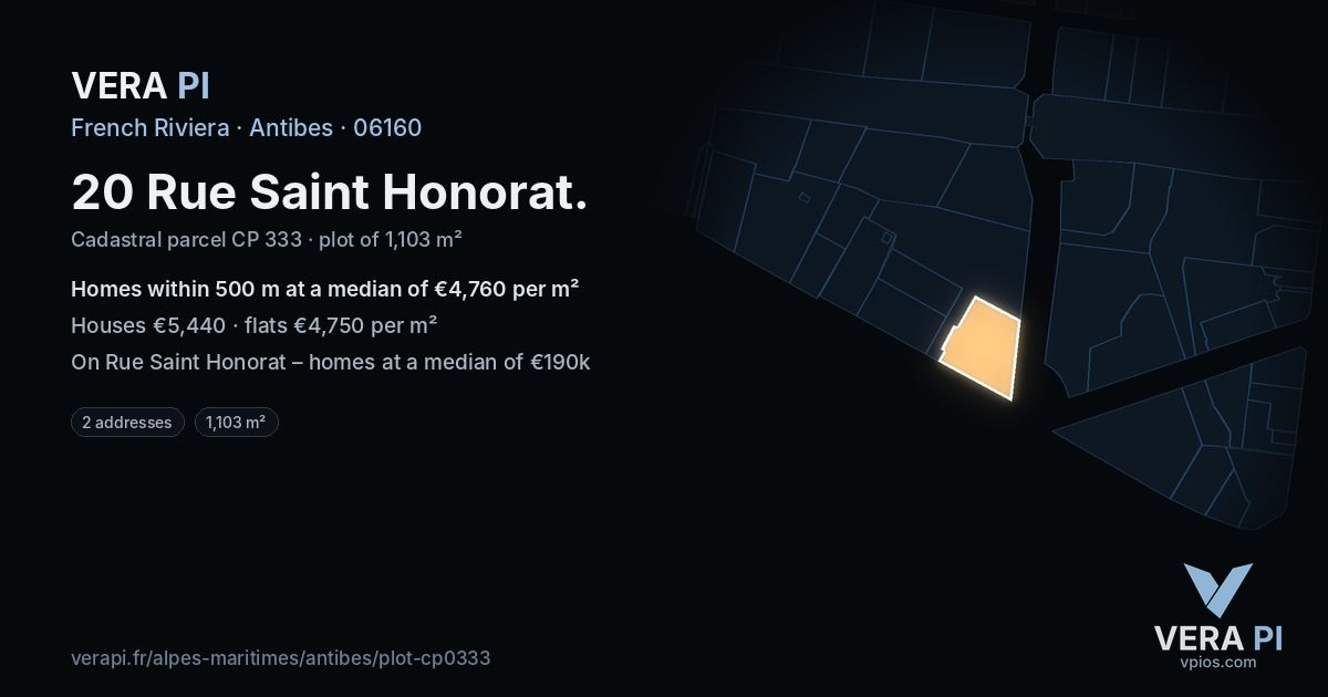 20 Rue Saint Honorat, Antibes at night – the plot lit, the parcels around coloured by the prices near them