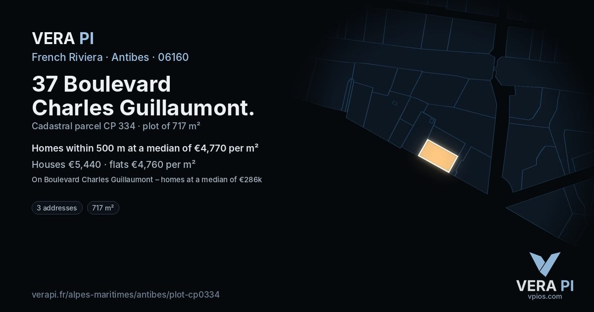 37 Boulevard Charles Guillaumont, Antibes at night – the plot lit, the parcels around coloured by the prices near them