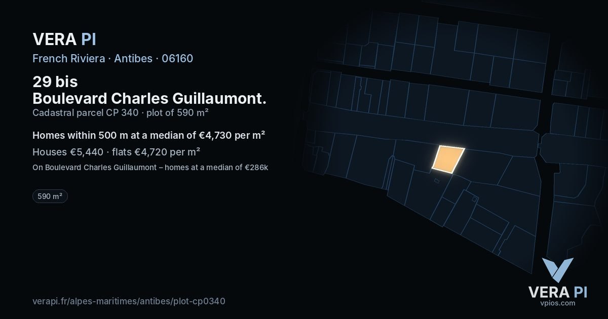 29 bis Boulevard Charles Guillaumont, Antibes at night – the plot lit, the parcels around coloured by the prices near them