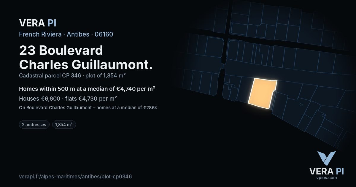 23 Boulevard Charles Guillaumont, Antibes at night – the plot lit, the parcels around coloured by the prices near them