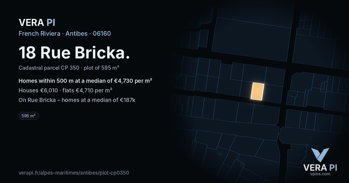 18 Rue Bricka, Antibes at night – the plot lit, the parcels around coloured by the prices near them