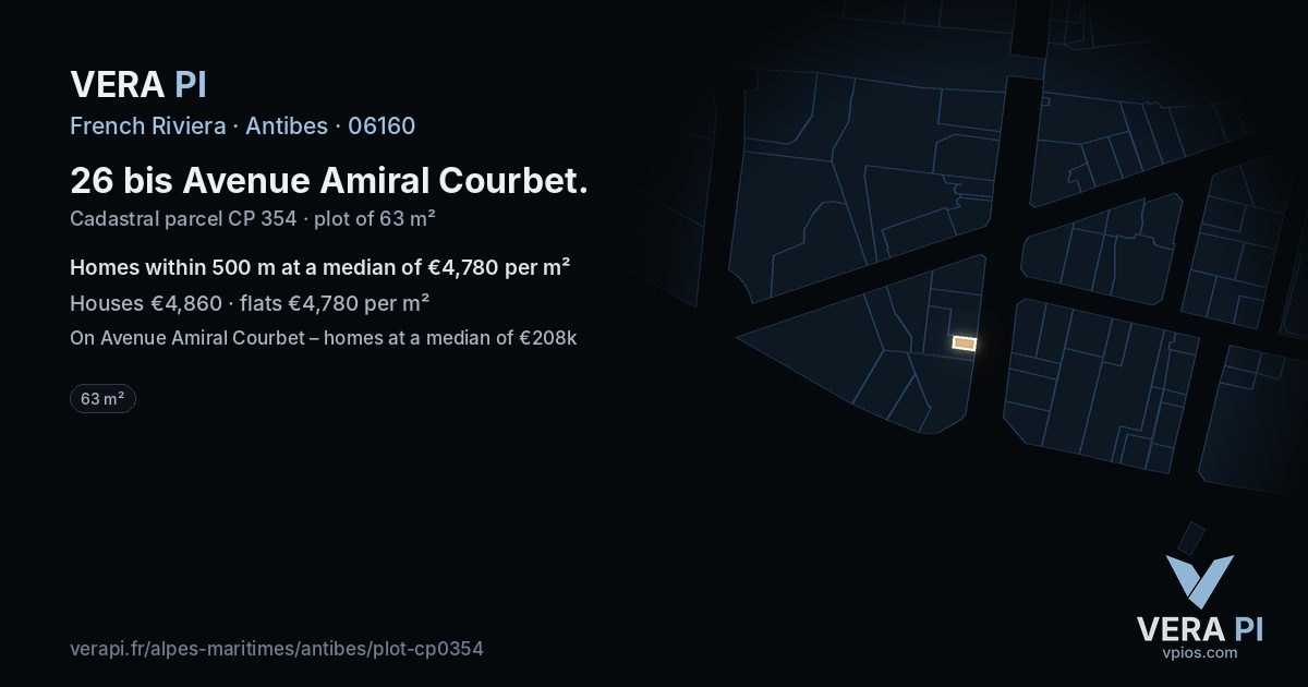 26 bis Avenue Amiral Courbet, Antibes at night – the plot lit, the parcels around coloured by the prices near them