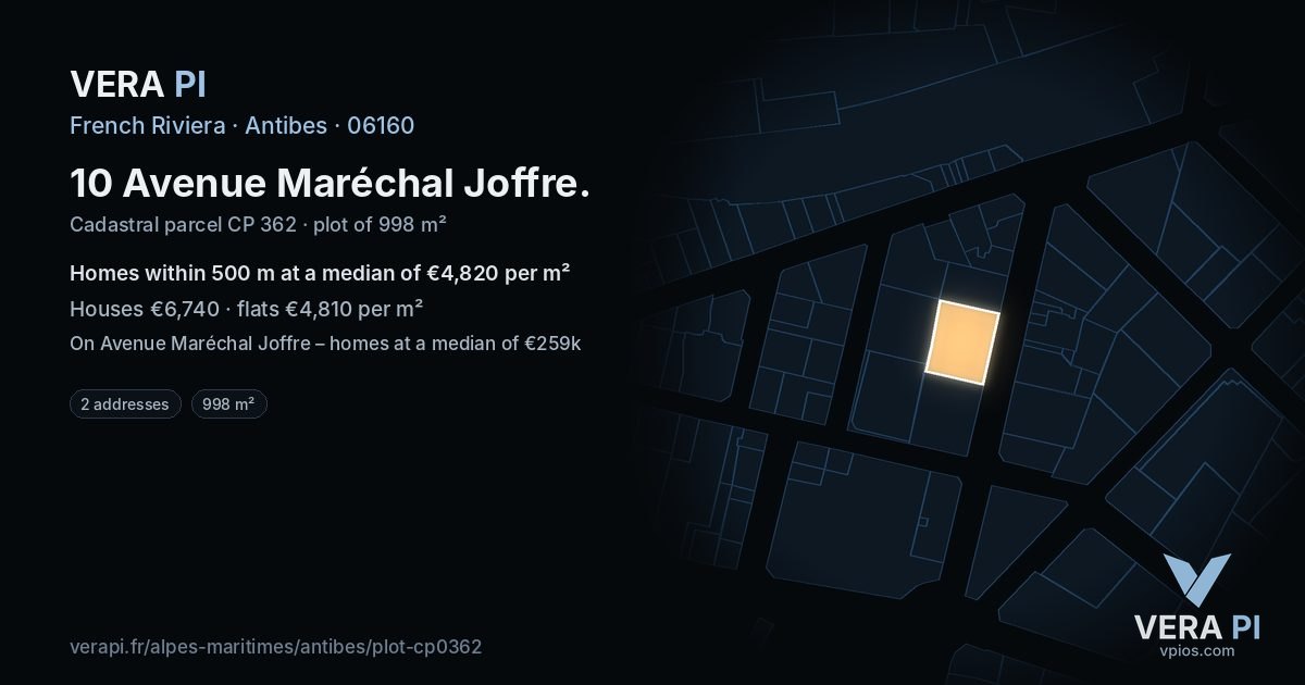 10 Avenue Maréchal Joffre, Antibes at night – the plot lit, the parcels around coloured by the prices near them