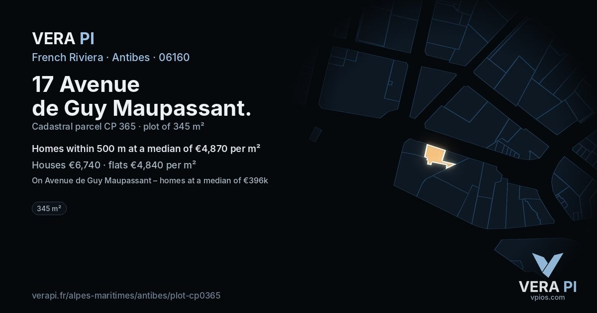 17 Avenue de Guy Maupassant, Antibes at night – the plot lit, the parcels around coloured by the prices near them