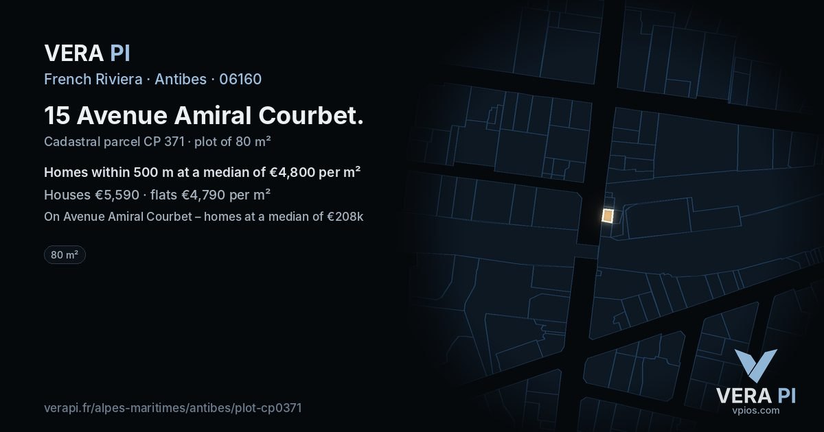 15 Avenue Amiral Courbet, Antibes at night – the plot lit, the parcels around coloured by the prices near them