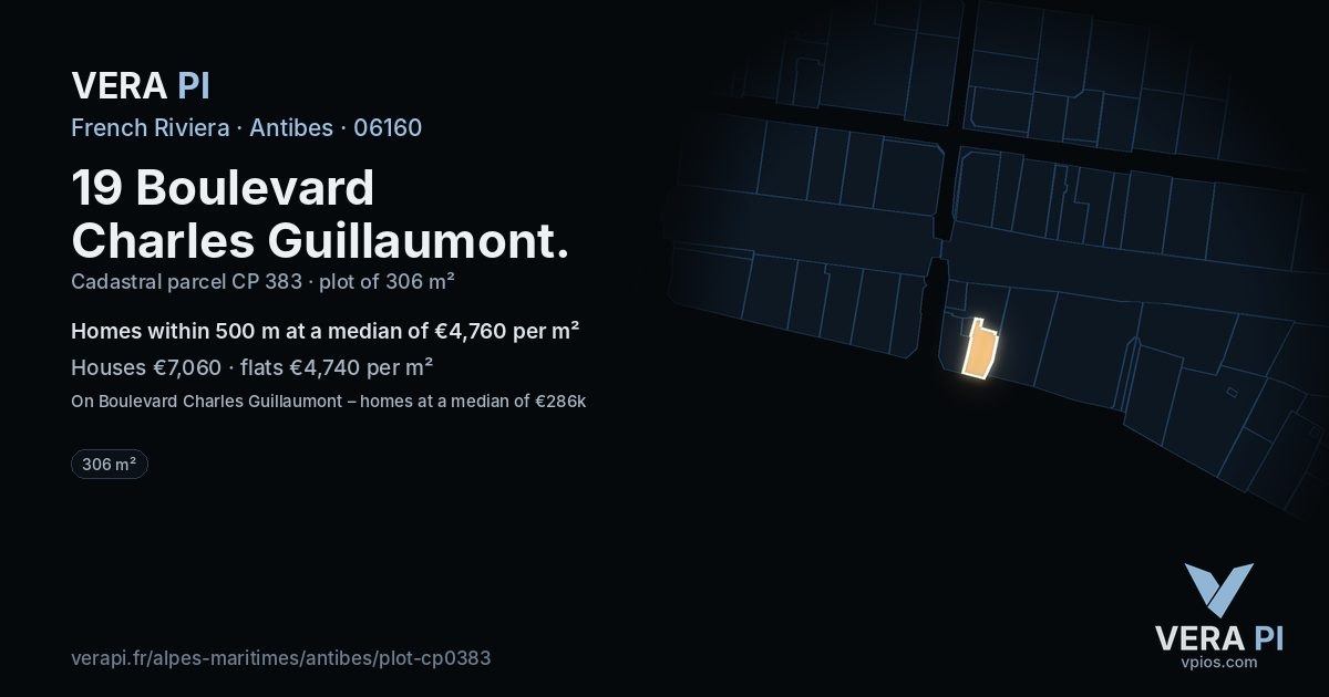 19 Boulevard Charles Guillaumont, Antibes at night – the plot lit, the parcels around coloured by the prices near them