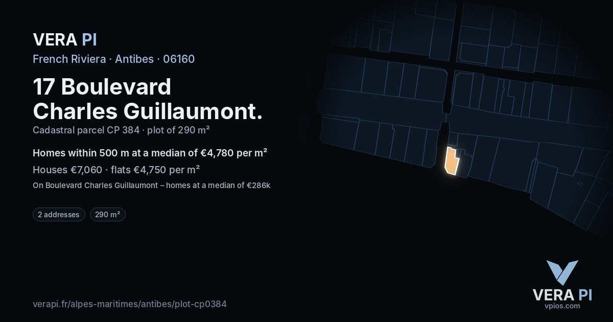 17 Boulevard Charles Guillaumont, Antibes at night – the plot lit, the parcels around coloured by the prices near them
