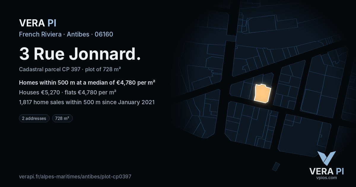 3 Rue Jonnard, Antibes at night – the plot lit, the parcels around coloured by the prices near them