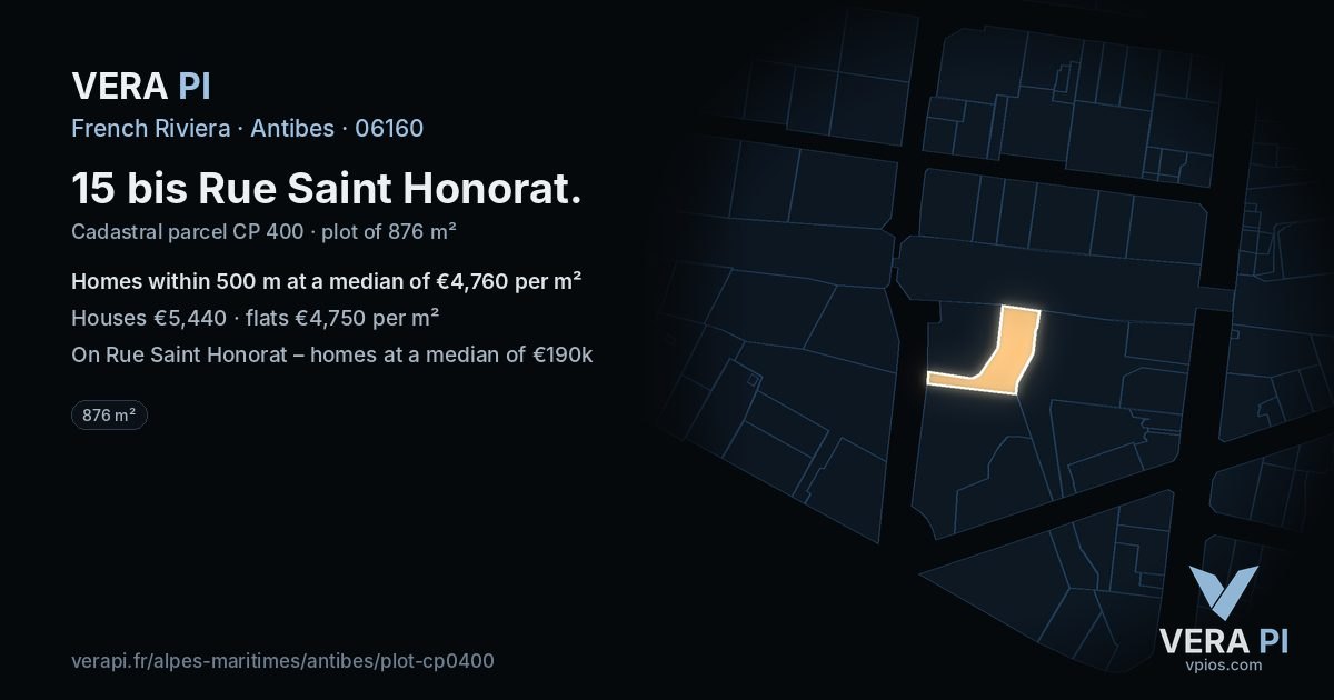15 bis Rue Saint Honorat, Antibes at night – the plot lit, the parcels around coloured by the prices near them