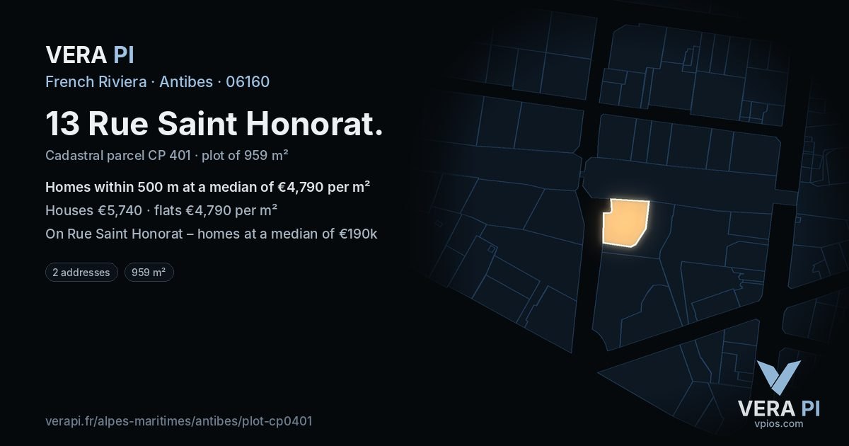 13 Rue Saint Honorat, Antibes at night – the plot lit, the parcels around coloured by the prices near them